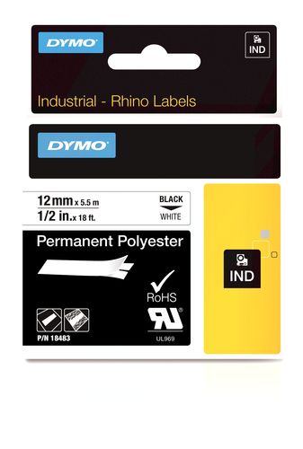 DYMO Rhino Band IND Polyester 12mm x 5,5m schwarz auf weiß