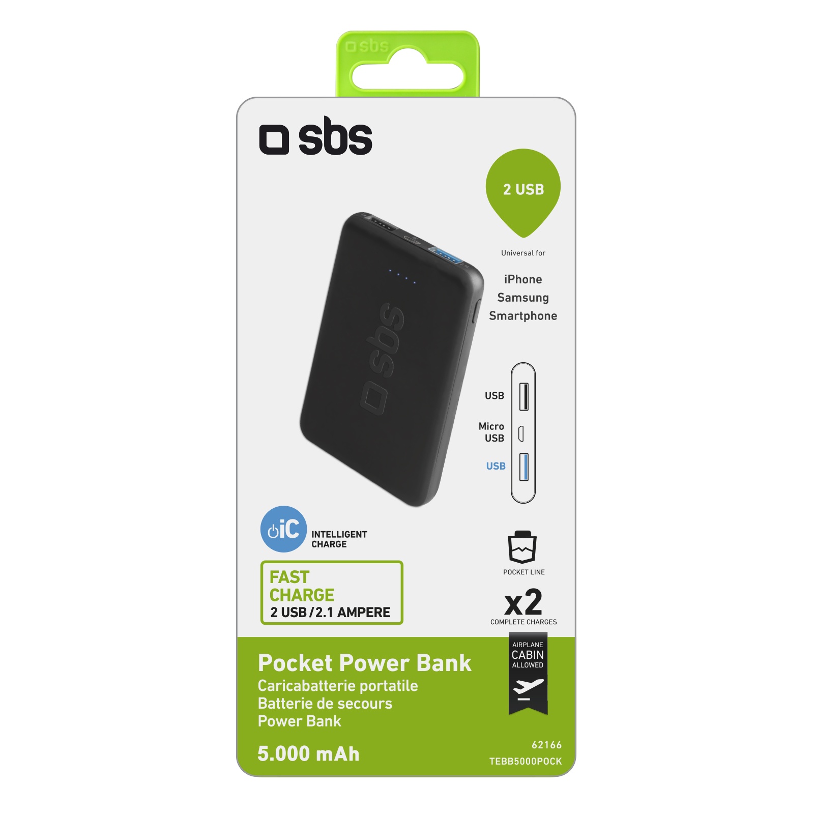 SBS Powerbank Pocket Line 5.000mAh 2xUSB 2.1A black