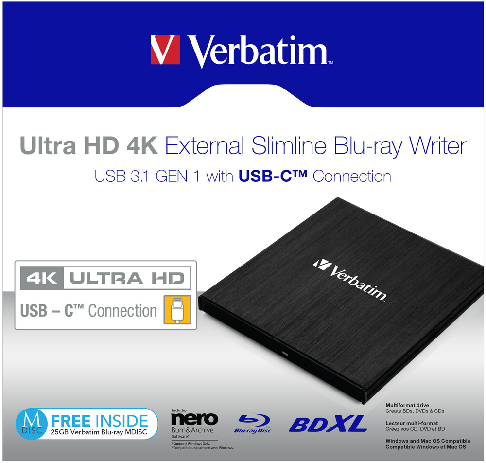 Verbatim External Slimline Blu Ray Writer Ultra HD 3.1 USB-C