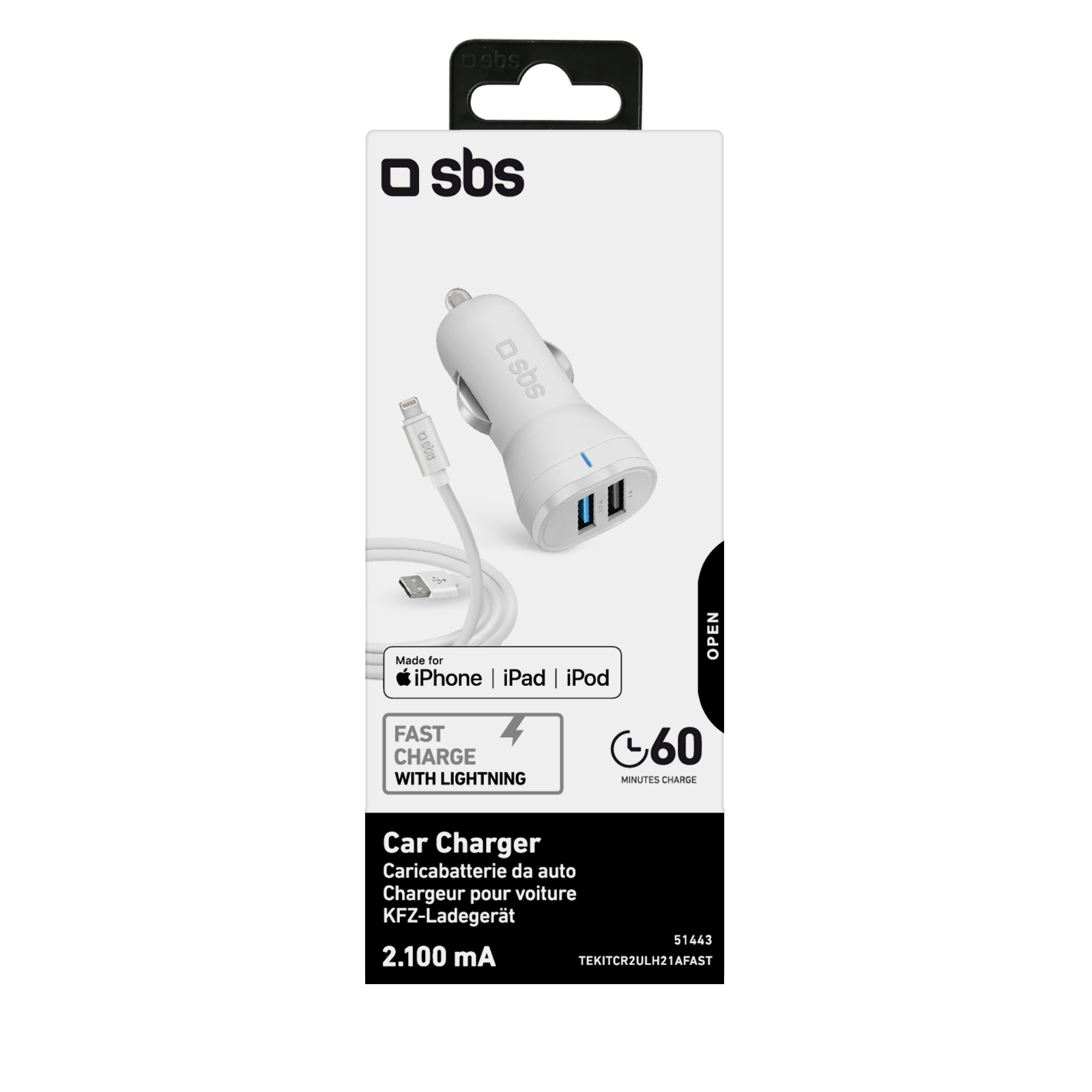 SBS Car Charger Kit 12/24V 2100mAh ultra fast charge white