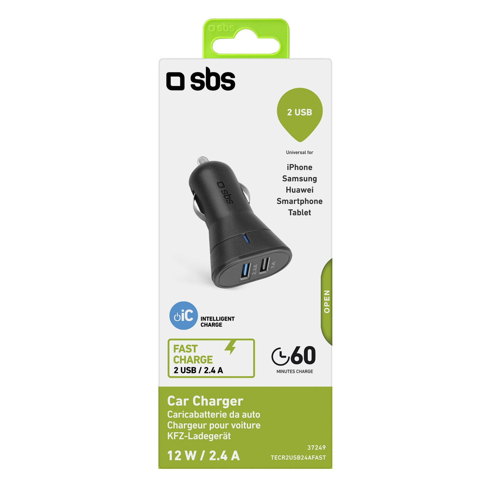 SBS Mini Car Charger 12/24V 2400mAh fast charge with 2 USB Port black