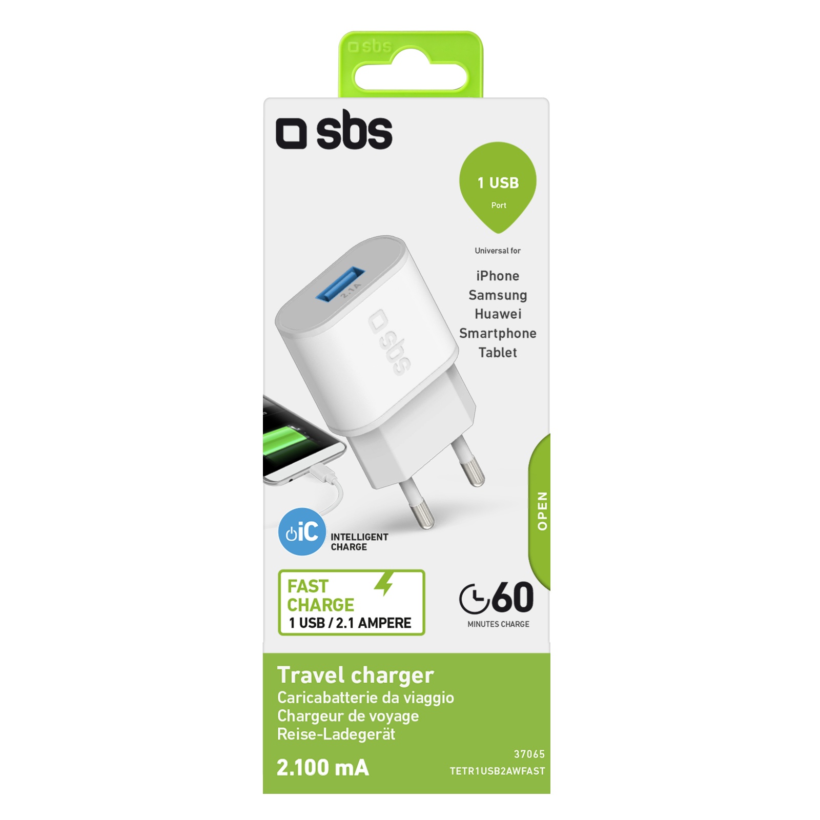 SBS Travel Charger 100/250V 2100mAh fast charge with USB white SBS Travel Charger 100/250V 2100mAh fast charge with USB white