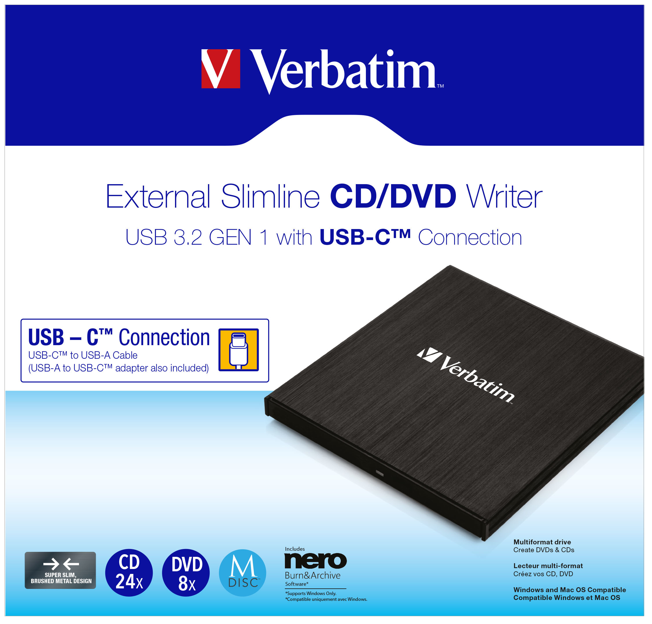 Verbatim External Slimline CD/DVD Writer 3.2 USB-C