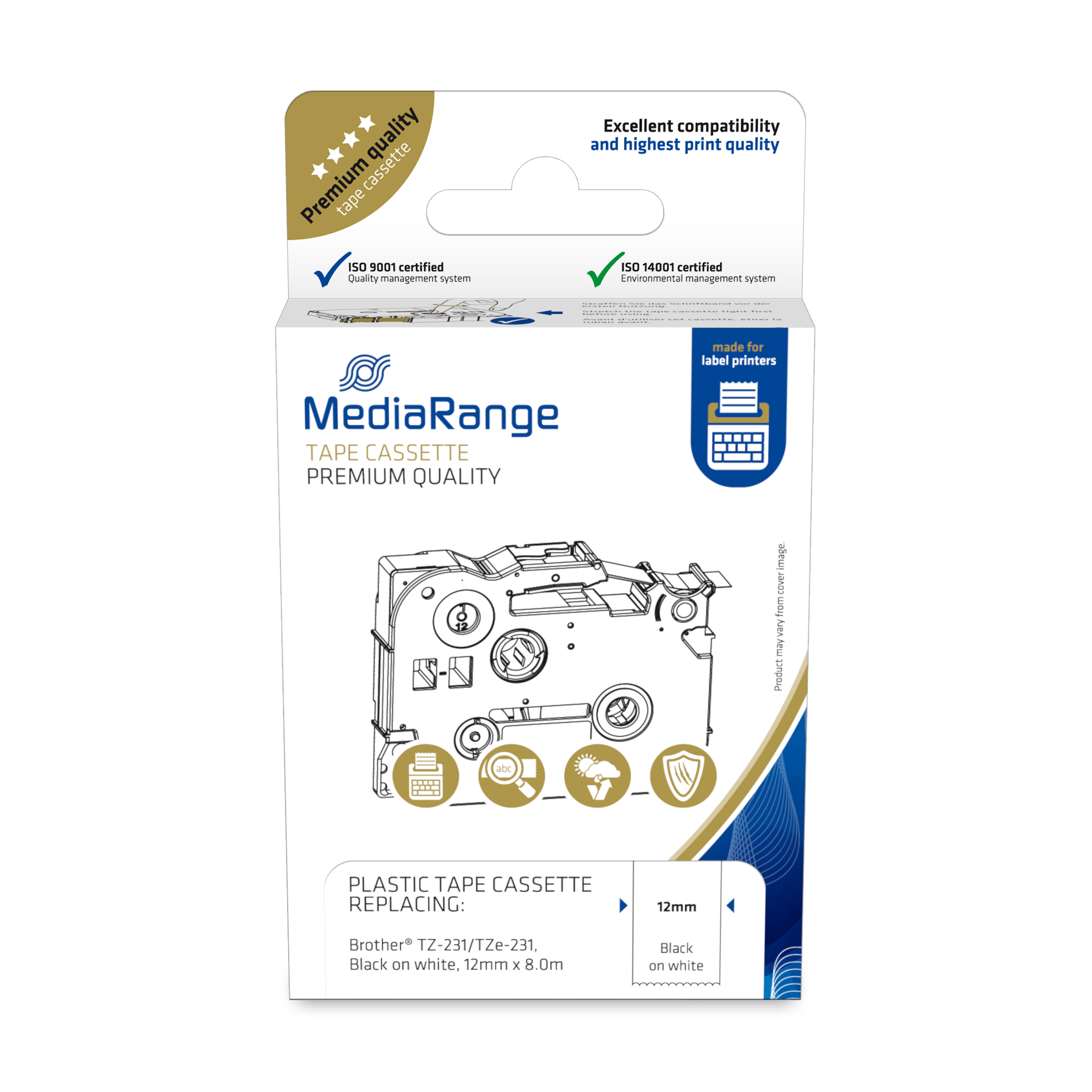 MediaRange Kunststoff Schriftbandkassette 12mm x 8m TZ-231 schwarz auf weiß MediaRange Kunststoff Schriftbandkassette 12mm x 8m TZ-231 schwarz auf weiß