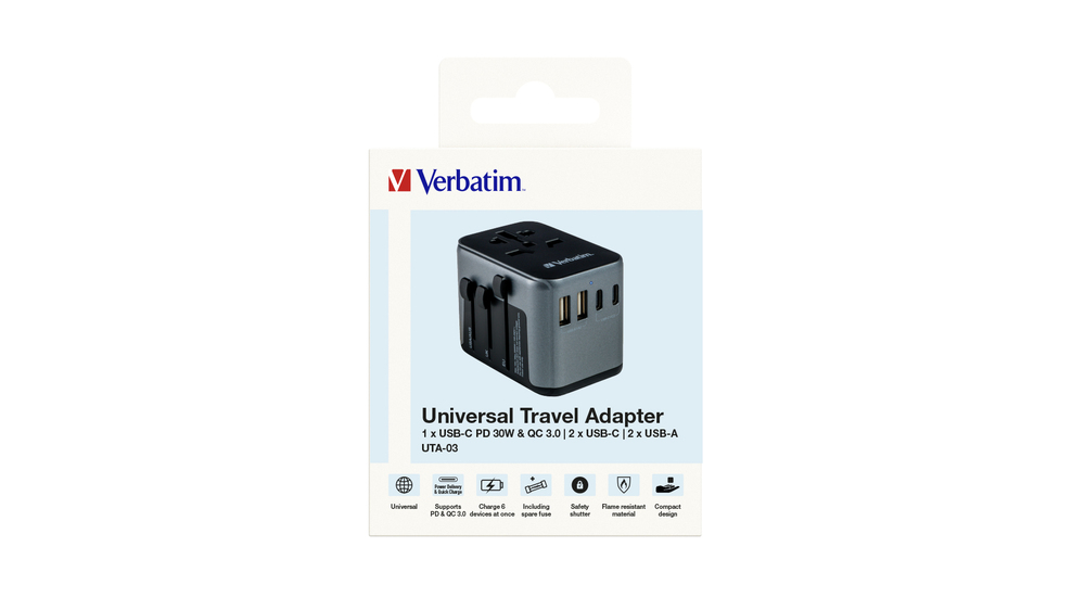 Verbatim Universal Travel Adapter with 1 x USB-C PD 30W & QC 3.0 / 2 x USB-C / 2 x USB-A