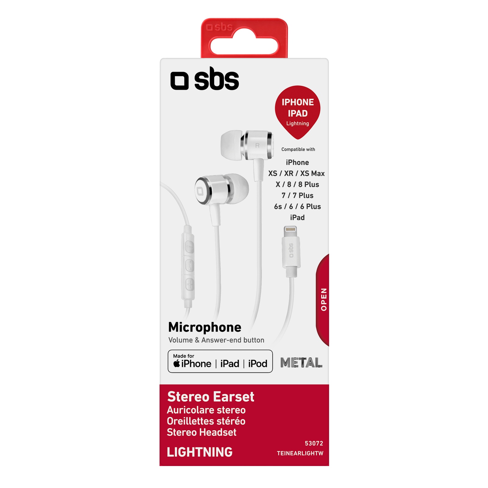 SBS In-ear Earphones with microphone, lightning connector white