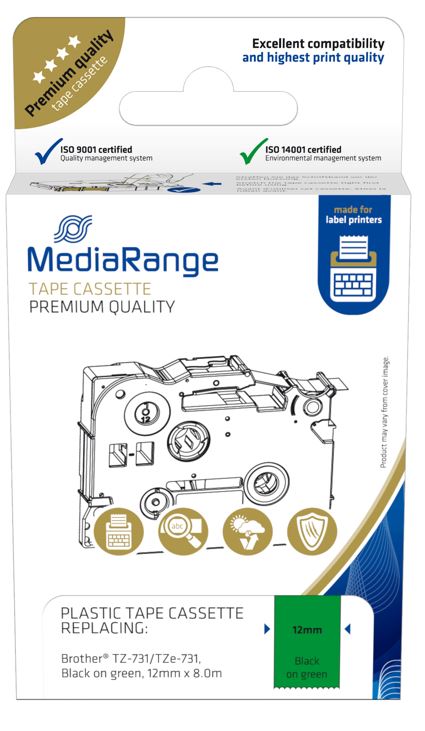 MediaRange Kunststoff Schriftbandkassette 12mm x 8m TZ-731 schwarz auf grün